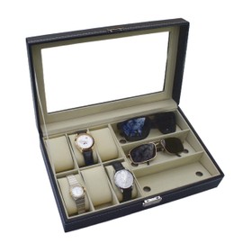CircleCrystal Leather Watch & Sunglass Organizer Box, Watch Case Eyeglass Holder - 6 Slot Watch Display Case & 3 Compartment Eyeglass Case Elegant Champagne Velvet Interior Transparent Glass Top
