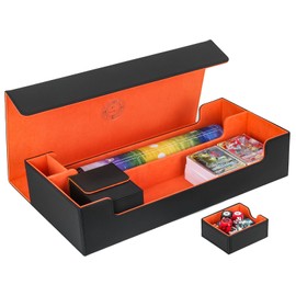 Card Deck Box,X-Large Premium Card Game Deck Storage Box Fits 5 Decks Card Box with Mat Case and Removable Compartment,Card Deck Case Compatible with MTG/TCG/Yugioh/Magic/Commander(Black＆Orange)