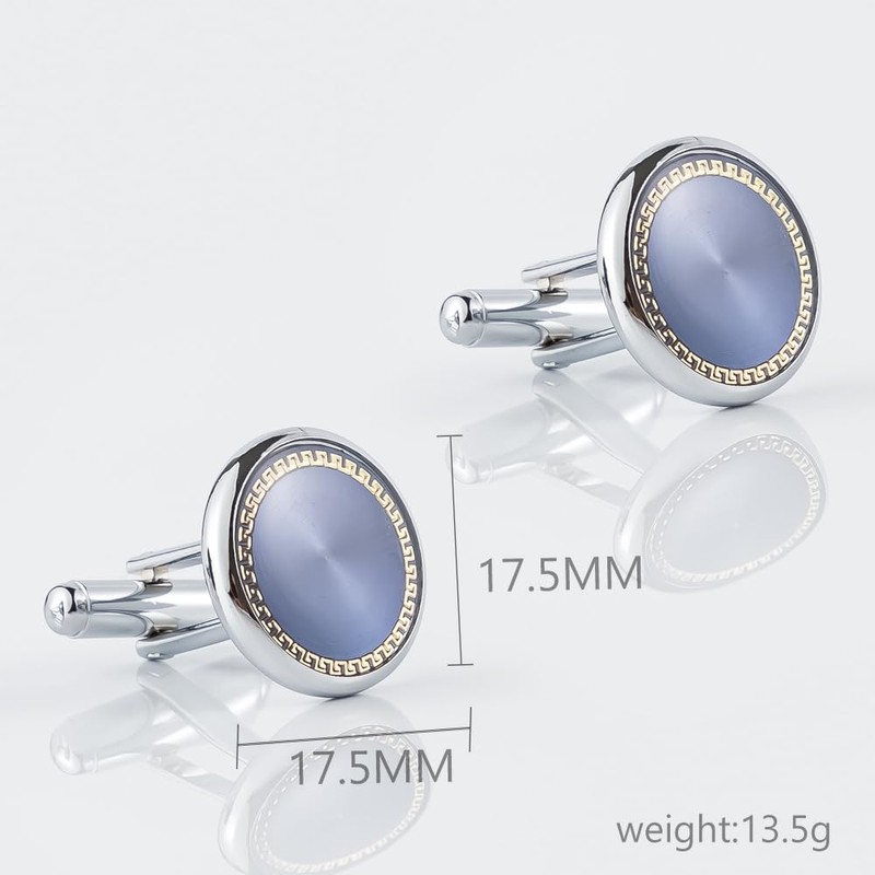 Men's Cufflink Set, Electroplated Silver with Blue Patterned Cufflinks, Comes
