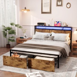 Kiivakii Full Size Bed Frame with 2 Drawers, LED Platform Bed with Storage Headboard, Built in USB Ports, Noise Free No Box Spring Needed, Rustic Brown