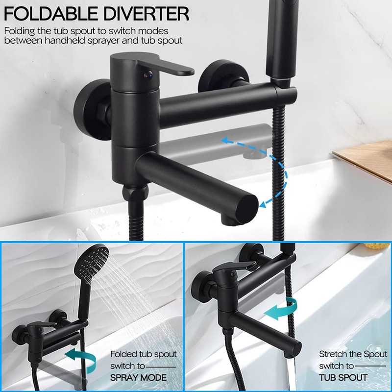 KAPHOME Matte Black Wall Mount Bathtub Faucet with Hand Shower,Tub