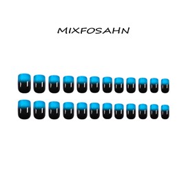 French Tip Press on Nails Short Square Fake Nails Azure & Black Gradient False Nails Beauty Advanced Glossy Glue on Nails Full Cover Stick on Nails Acrylic Nails for Women Girls 24 Pcs