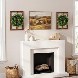 Lineshading 2 Sets Rustic Wood Window Frame Wall Decor with Green Wreath and LED Lights Farmhouse Fake Faux Window Wall Decor Pane Hanging Decoration for Living Room Bedroom Pane Decoration