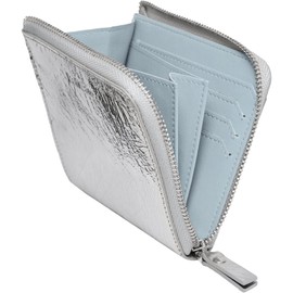 RafiCaro Women's Mini Wallet, Prevents Bills Breaking, Large Capacity, Card Slot, Coin Purse, Small, L-Shaped Zipper, Thin, Compact, silver/blue