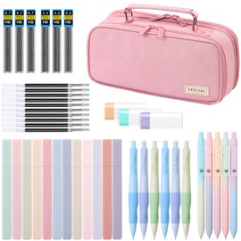 43PCS Aesthetic School Supplies, Stationery Kit with Cute Pen Case, 12 Pastel Highlighters, 5 Black Gel Pens, 6 Mechanical Pencils 0.5 & 0.7 mm for Stationery College Essentials, Pink