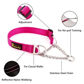 Plutus Pet Martingale Dog Collar with Stainless Steel Chain and Reflective Nylon, Adjustable No Pull Training Collar, for Small Medium, and Large Dogs, Hot Pink, L