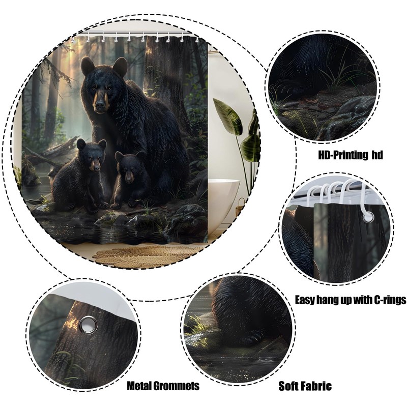 YNFUQANLN Black Bear Shower Curtain Wild Animal Forest Junge Rustic