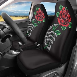 Pehede Car Seat Cover Skeleton Hand Holding Red Rose Front for Cars, Easy to Install Cover Set, Accessories Auto Trucks Van SUV,2 Packs