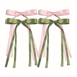 4pcs Hair Clips for Women Tassel Ribbon Bowknot Hair Clips with Long Tail, Women Hair Clip for Girl, Solid Hair Clips Long Hair Accessories Barrettes Claw Hair Clips with Bow (Pink Green)