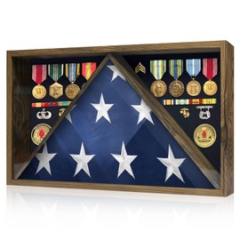 Flag Display Case for Funeral Flag, 5' x 9.5' Military Burial Flag Box with HD Tempered Glass and Removable Dividers, Memorial Flag Frame with Felt Lining for Badges Medals (Rustic Wood)