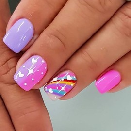 Pink Press on Nails Short Square Fake Nails Pink Purple False Nails with Cute Rainbow Designs White Star Glue on Nails Stick on Nails Full Cover Cute Acrylic Nails Glossy Artificial Nails
