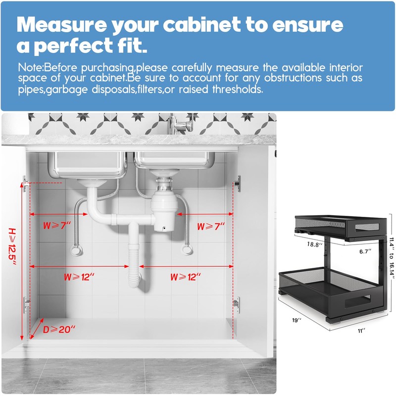 1 Pack 19IN Depth Under Sink Storage Organizer, Large 2-Tier