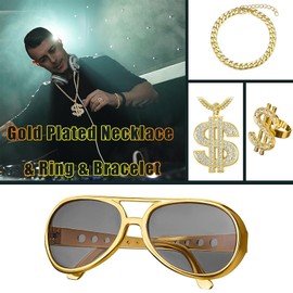 CHUANGLI 6 Pcs 80s 90s Hip Hop Costume Outfit Kit Inflatable Radio Boombox Necklace Ring Sunglasses Hat Rapper Accessories