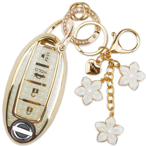 Yekoubo White TPU Key Fob Cover with Sakura Flower Keychain