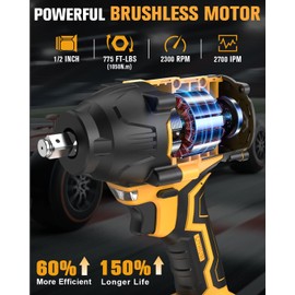 EWORK 21V 1/2" Cordless Impact Wrench 775 Ft-lbs, Brushless Compact High Torque Impact Gun High Torque, 3-Speed Modes with 5 Sockets (Tool Only)