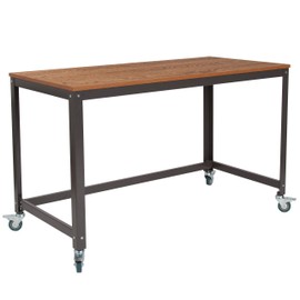 Flash Furniture NAN-JN-2522D-GG Livingston Collection Computer Table and Desk in Brown Oak Wood Grain Finish with Metal Wheels 47.25"W x 23.75"D x 29.25"H