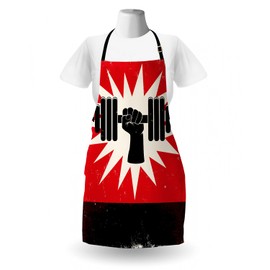 Ambesonne Fitness Apron, Grunge Display of Hand Lifting Dumbbell Effect Workout Vintage Design, Unisex Kitchen Bib with Adjustable Neck for Cooking Gardening, Adult Size, Vermilion Black