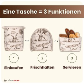 slowroom Bread Bag for Bread Storage and Keeping Fresh 3 in 1 - Bread Basket Fabric - Bread Bag Made of Cotton - Bread Bin 32 x 35 cm, Bakery