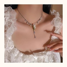 Lily of the Valley Pearl Necklace Cheery Blossm Daisy Green Paint Leaves and Lily Flower Pearl Pendant Floral Tassel Charm Pink Flower Wedding Jewelry for Women (Pink)