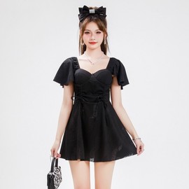 Women's Stylish Short-Sleeve One-Piece Swim Dress - Tummy Control, Modest, Plus Size R254 1 [Recommended 47.5-52.5 Kg]/Black 2ea