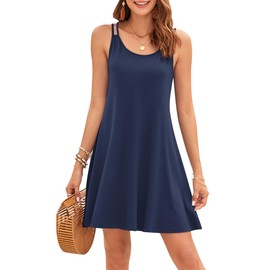 AUSELILY Women's Summer Dress Short Strappy Dress Spaghetti Straps Sleeveless Knee-Length Light Airy Dresses, navy