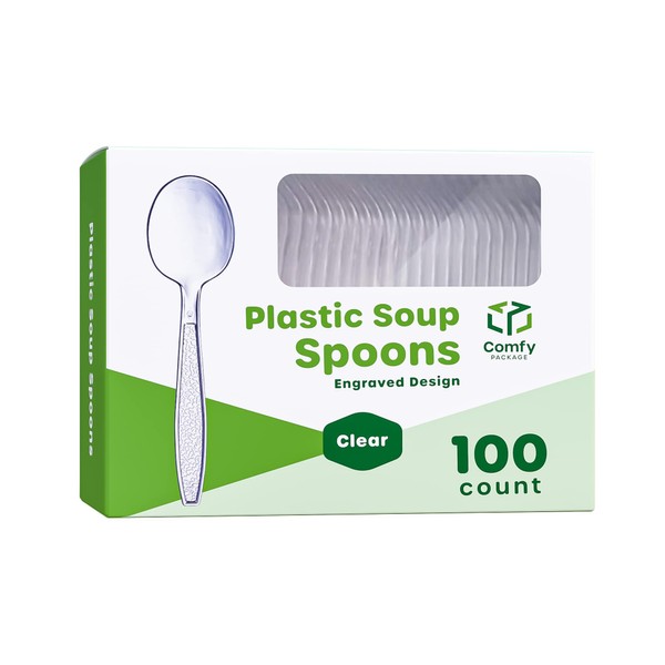 [100 Pack] Heavyweight Disposable Clear Soup Spoons - Engraved Design…