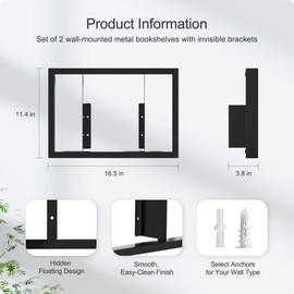 BUTUNITA Floating Book Frame Wall Mount - Invisible Metal Bookshelves for Home Decor, Set of 2 Modern FloatingShelves for Bedroom, Living Room & Office - Black