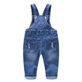 KIDSCOOL SPACE Baby Boy Girl Jean Overalls,Toddler Ripped Denim Cute Workwear,Blue,18-24 Months