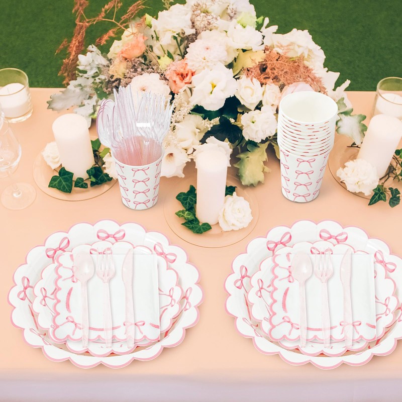 JarThenaAMCS 175Pcs Pink Bow Party Supplies Kit Scalloped Bowknot Tableware