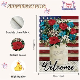 4th of July Mason Jar Flowers Summer Garden Flag 12x18, Sided Decorative Burlap Yard Flag for Memorial Day Independence Day, Patriotic Celebration Double Outside Decoration Holiday Festivities