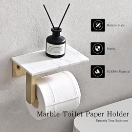 JOMANDAN 304 Wall Mounted Toilet Paper Holder, Toilet Paper Phone Holder Mobile Phone Storage Shelf for Modern Bathroom with Shelf-with Marble Panel (Brushed Gold)