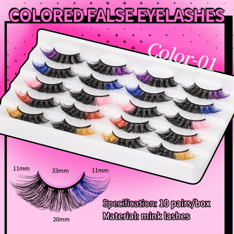 10 Pairs of Coloured Eyelashes, 3D Colourful Artificial Eyelashes (Colour