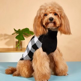 Jecikelon Knit Plaid Dog Sweater Warm Puppy Clothes for Small Dogs Knitwear Pet Cat Winter Outfit Cold Weather Pullover Doggy Clothing (Medium, Black)