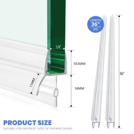 2 PCS Frameless Shower Door Bottom Seal, 1/4'' X 36'' Ultra Clear Shower Glass Door Seal Strip with Drip Rail, Shower Door Sweep Stop Shower Leaks for 1/4 Inch(6mm) Glass Thick