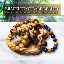 Kamakura_ya] UKS-002-GY Yakusugi Cedar Tiger Eye Natural Wood & Gemstones Bracelet Power Stone Money Work Good Luck Yakushima Fine Wood Handcrafted 12mm Beads Bangle Birthstone October Golden Yellow