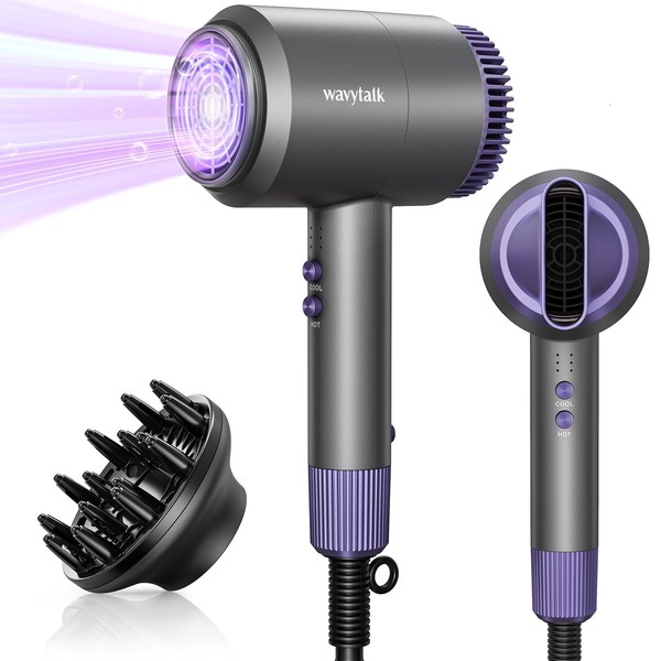 Wavytalk Hair Dryer with Diffuser 1600W Ionic Blow Dryer for Fast Drying with Concentrator, Lightweight Purple.