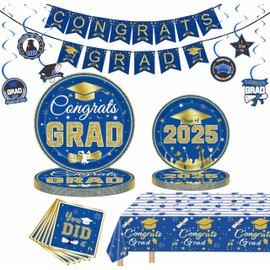 Graduation Party Decorations 2025, Graduation Party Supplies Plates and Napkins,Congrats Grad Banner Tablecloth, Grad Decorations Class Of 2025 Blue Gold Disposable Paper for Grad Party Decor Serve 22