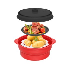 2-in-1 Microwave Steamer & Baking Cooker Collapsible Silicone Bowl with Lid - 4 Pcs Steamer Grill Cookware for Vegetables Fish Prep Meal Food with Removable Rack BPA Free, Dishwasher Safe