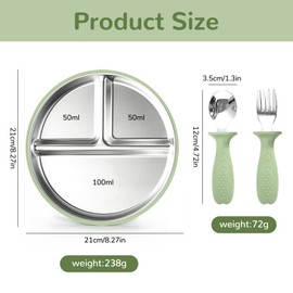 HSMHLYYB Stainless Steel Plate Baby with Fork and Spoon, Baby Plate with Suction Cup, Children's Plate with Suction Cup, Children's Plate with Dividers, Unbreakable, Non-Slip, BPA-Free and Dishwasher