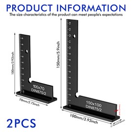 Engineer's Square, Set of 2, Metal Try Square, 90 Degree Carpenter's Square Set, Carpenter's Square with Measuring Scale for Precise Work in Workshop, Wood Construction, Model Making, 2 Sizes, 150 x