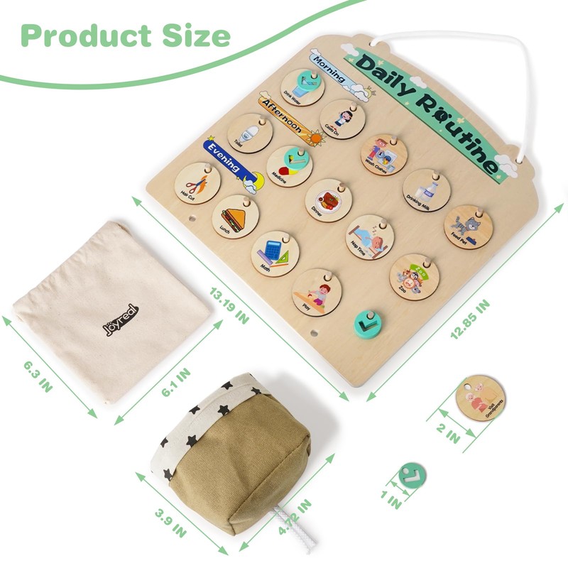 Joyreal Wooden Visual Schedule for Kids - Three Rows Hanging