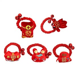 Pokinge 5Pcs Elastic Ponytail Hair Ties Chinese New Year Lucky Hair Loop Cute Cartoon Hairtie Ponytail Holder Creative Women Hair Scrunchies For Girl