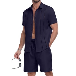 YTD Men's 2 Pieces Linen Set Short Sleeve Button Down Shirts and Shorts Summer Beach Yoga Matching Outfit S Navy