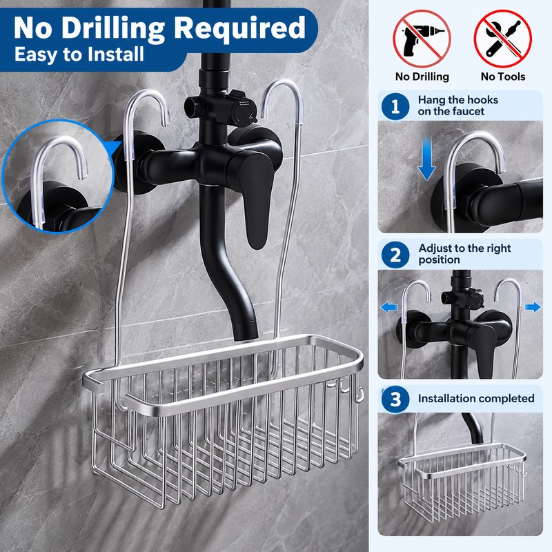 Aluminum Shower Shelf for Bathroom Storage – No-Drill Metal Organizer