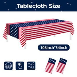 4th of July Tablecloth, American Flag Tablecloths, 2 Pack 54" x 108" Disposable Fourth of July decor Plastic Table Covers, 4th of July Decorations for Patriotic Party, Memorial ,Independence, Veterans