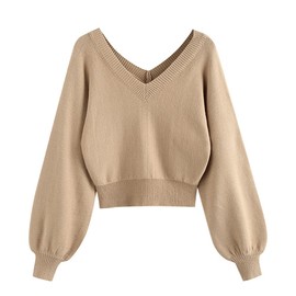 ZAFUL Women's Long Sleeve Double V-Neck Lantern Sleeve Short Pullover Sweater, Light Khaki