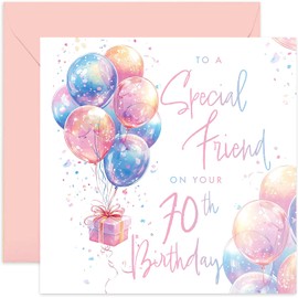 Special 65th Birthday Cards for Female Friend, Sixty-Fifth Milestone Gifts for Women, Pastel Colour Balloons and Presents Designed for Her, Colourful Design, Cute Birthday Present for Her
