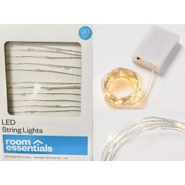 Room Essentials 30 ft LED 90 ct Fairy String Lights SILVER Wire USB or Battery Powered Timer NEW