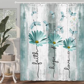 Rusitc Farmhouse Floral Shower Curtain, Farm Teal Country Daisy Flower Dragonfly and Faith Hope Love Inspirational Words Shower Curtain Set, Turquoise Balck White Bathroom Accessories Hooks, 70X70IN