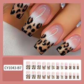 Medium Square Press on Nails Leopard French Tip Fake Nails Glitter Ombre False Nails with Nude Gradient Designs Medium Nail Press ons Sparkly Artificial Nails Cute Stick on Nails for Women 24Pcs